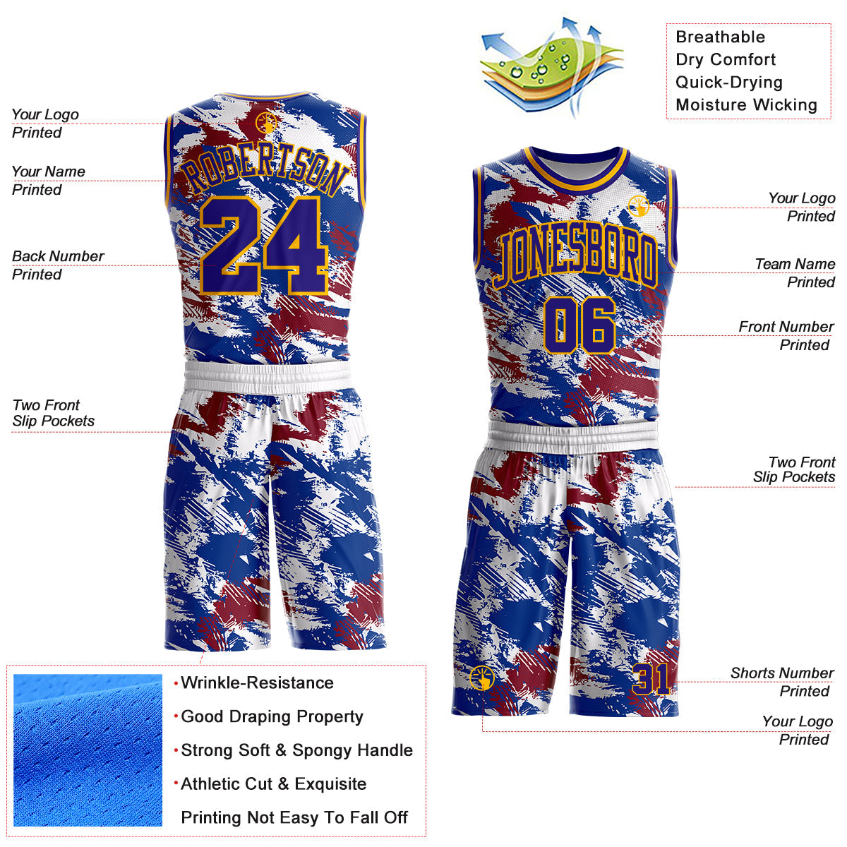 Custom White Dark Purple Blue Red-Gold Brush Stroke Abstract Round Neck Sublimation Basketball Uniform Jersey view 2