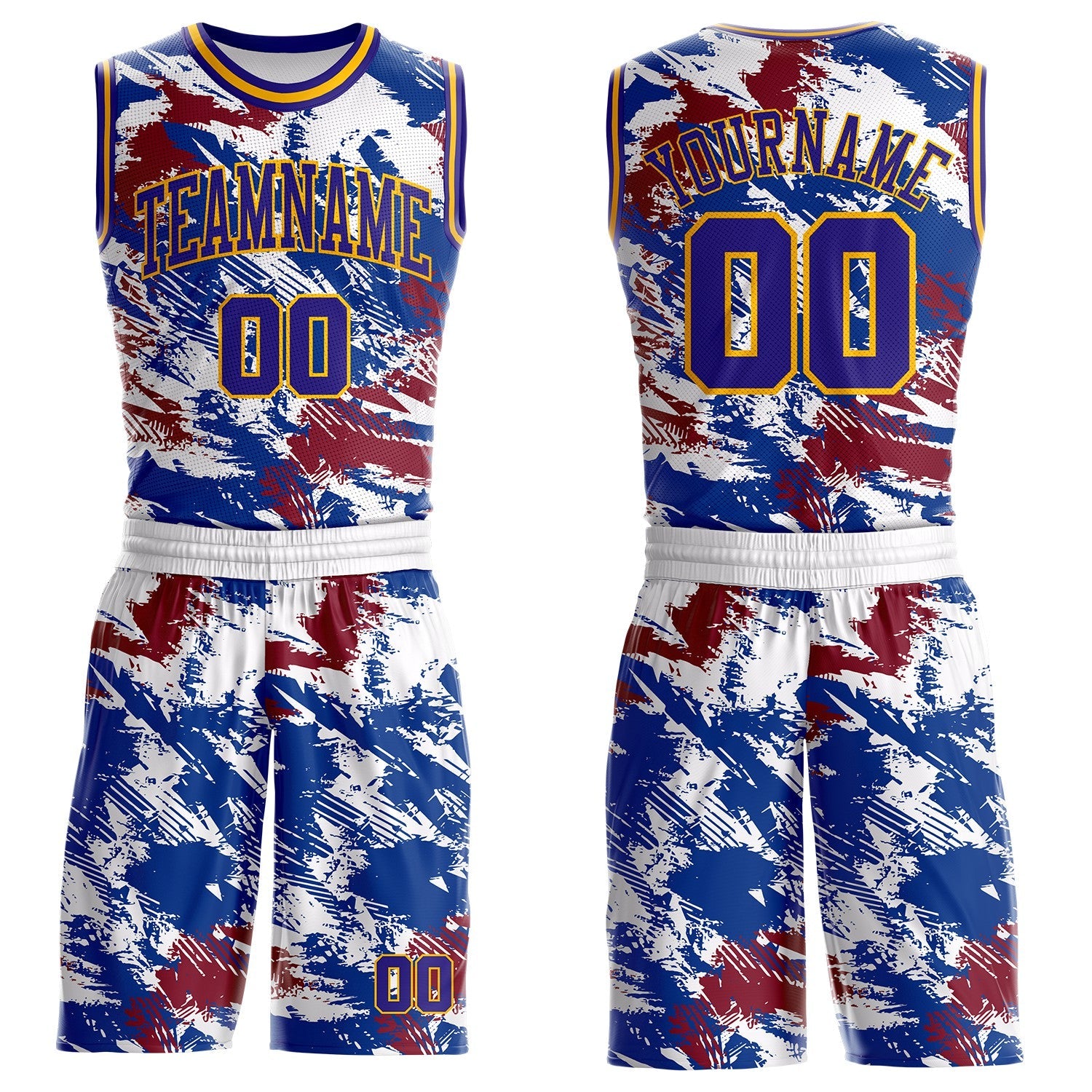 Custom White Dark Purple Blue Red-Gold Brush Stroke Abstract Round Neck Sublimation Basketball Uniform Jersey - Main View