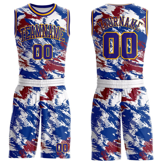Custom White Dark Purple Blue Red-Gold Brush Stroke Abstract Round Neck Sublimation Basketball Uniform Jersey - Main View