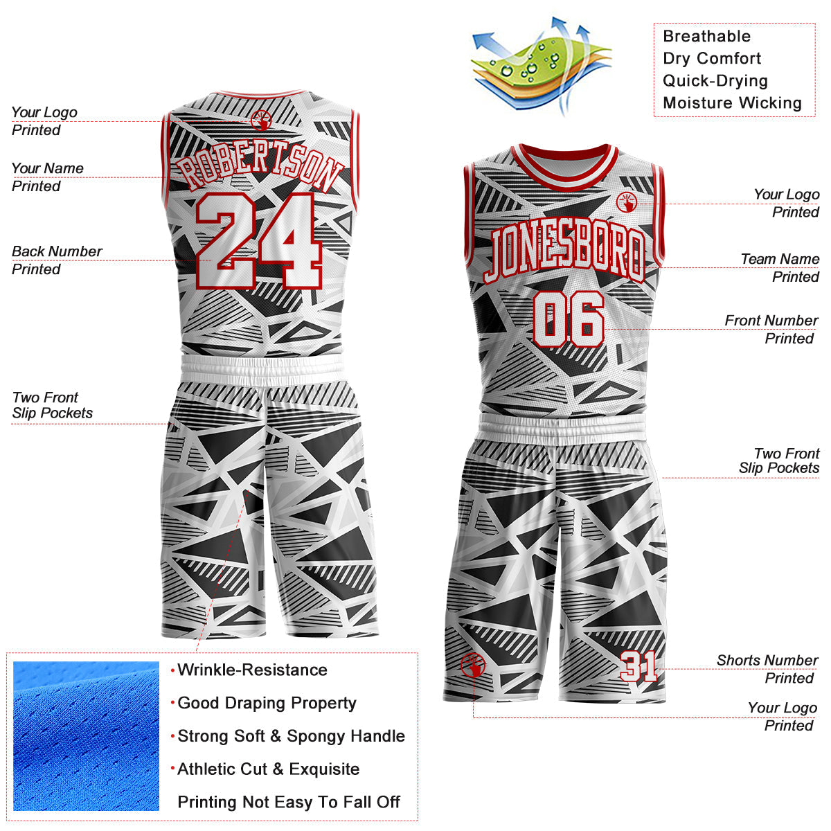Custom White Black Gray-Red Geometric Abstract Triangle Round Neck Sublimation Basketball Uniform Jersey view 2