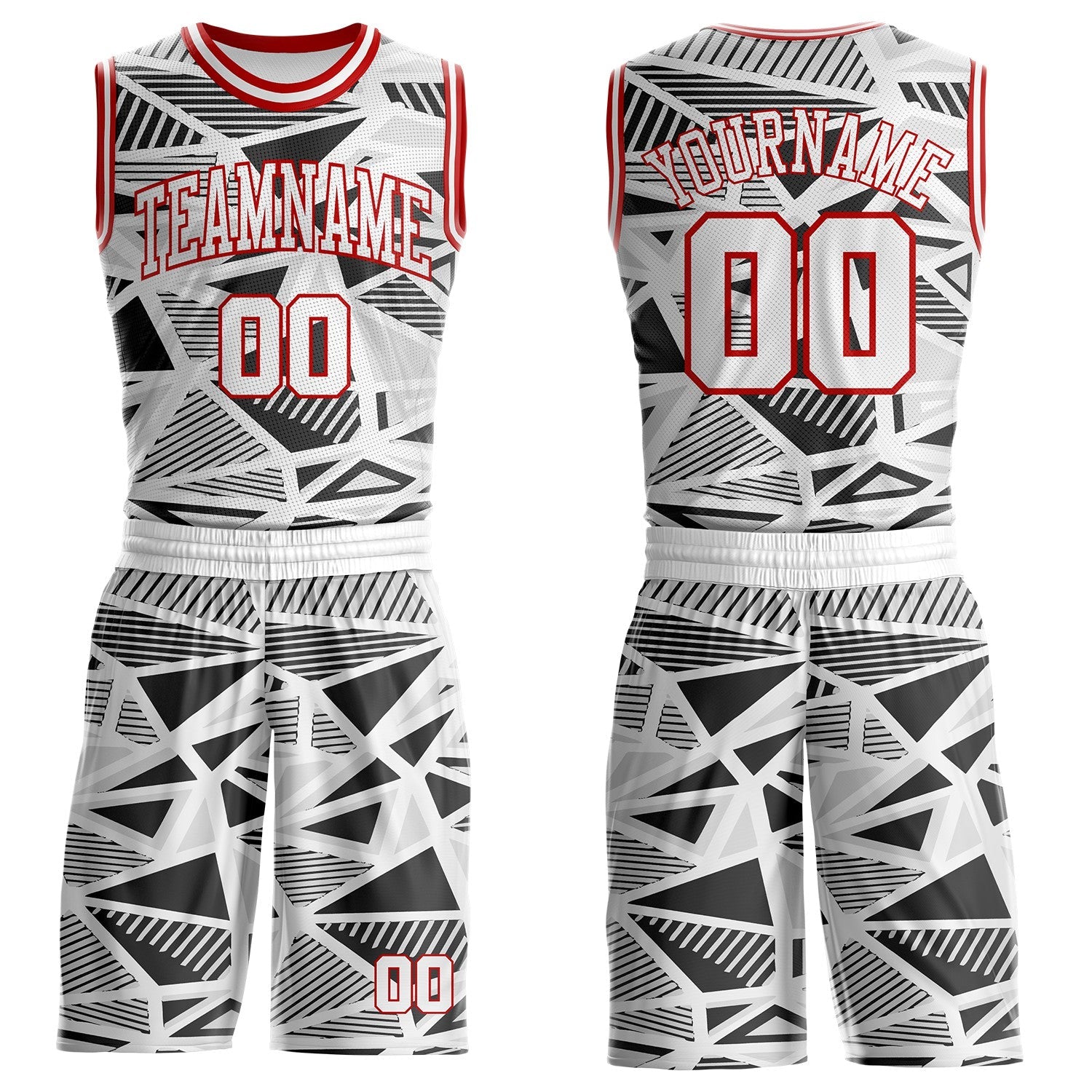 Custom White Black Gray-Red Geometric Abstract Triangle Round Neck Sublimation Basketball Uniform Jersey - Main View