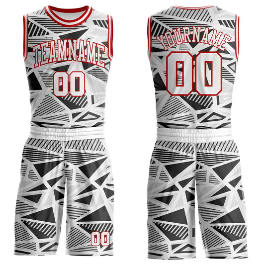 Custom White Black Gray-Red Geometric Abstract Triangle Round Neck Sublimation Basketball Uniform Jersey - Main View
