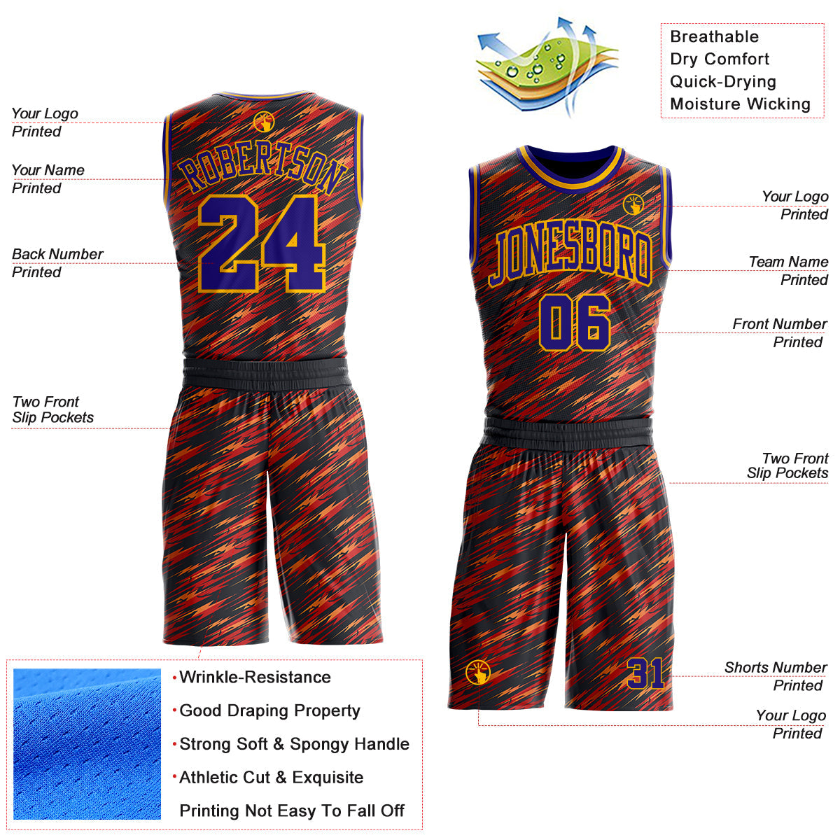 Custom Black Dark Purple Red-Gold Lightning Abstract Round Neck Sublimation Basketball Uniform Jersey view 2