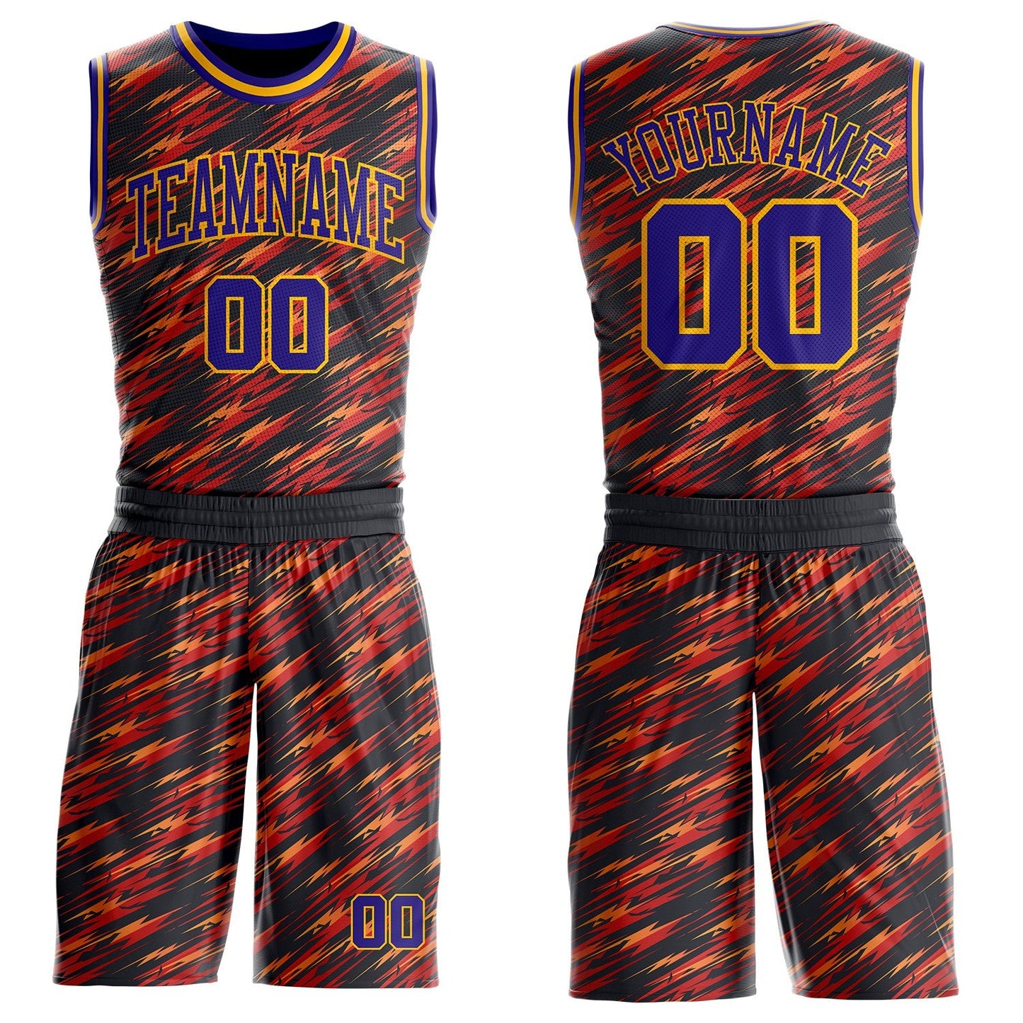Custom Black Dark Purple Red-Gold Lightning Abstract Round Neck Sublimation Basketball Uniform Jersey - Main View