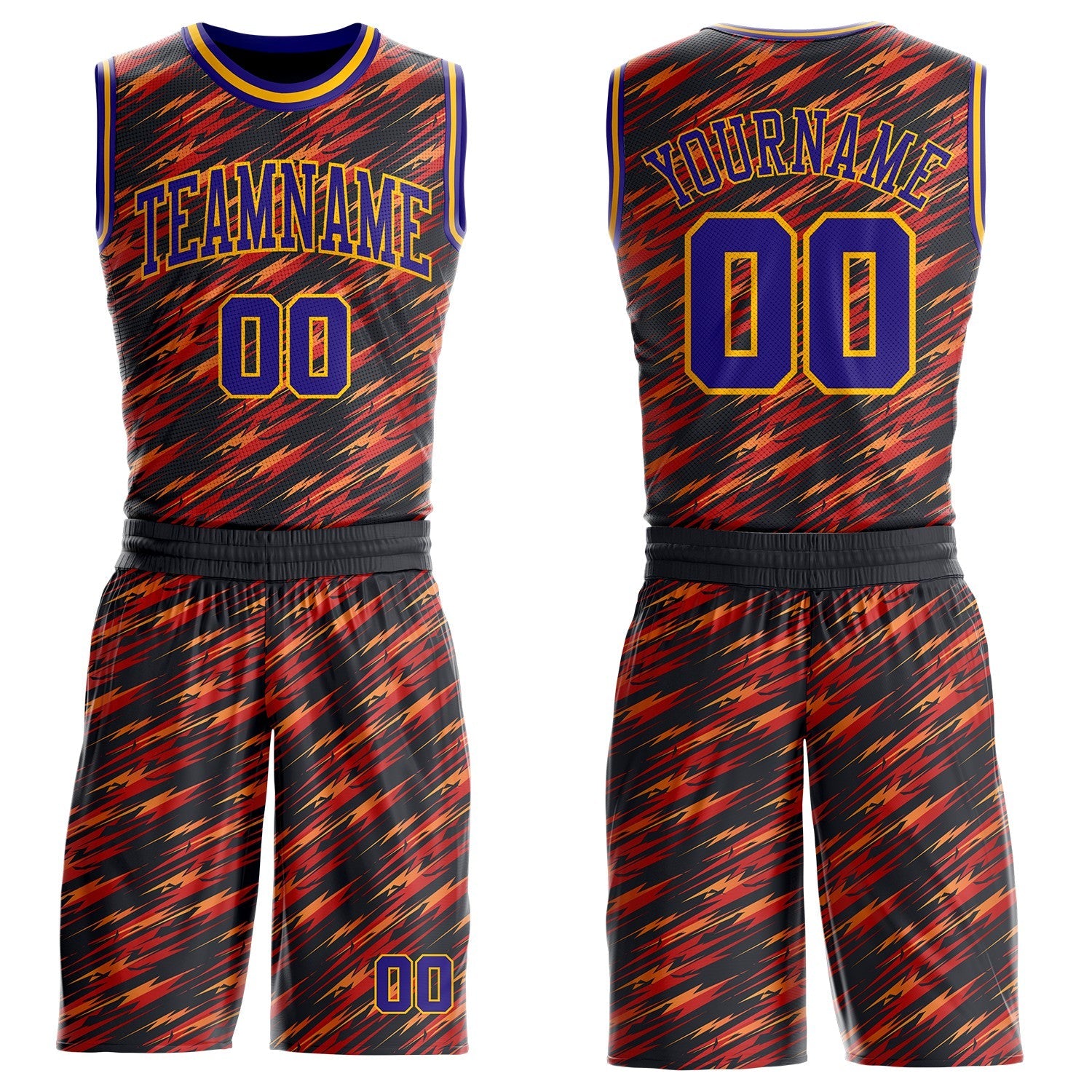 Custom Black Dark Purple Red-Gold Lightning Abstract Round Neck Sublimation Basketball Uniform Jersey - Main View