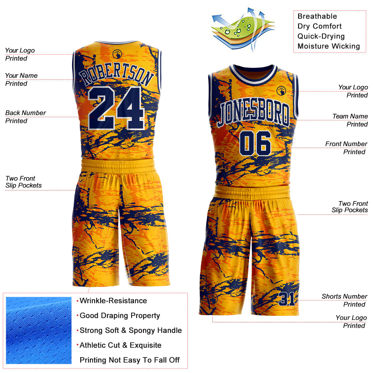Custom Gold Navy Orange-White Paint Splatter Round Neck Sublimation Basketball Uniform Jersey view 2