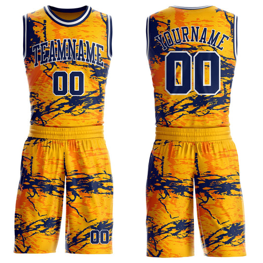 Custom Gold Navy Orange-White Paint Splatter Round Neck Sublimation Basketball Uniform Jersey - Main View