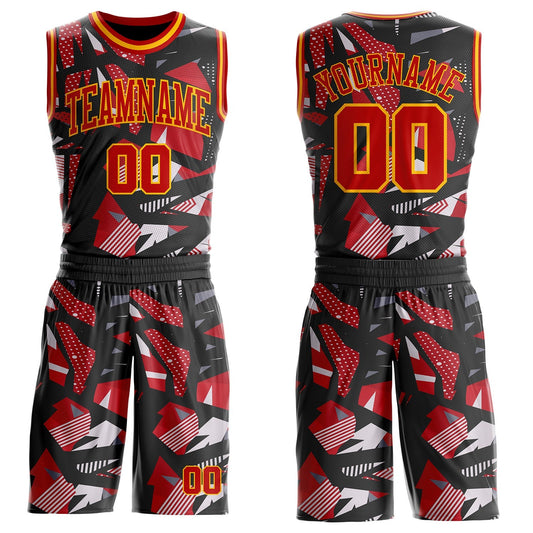 Custom Black Red-Gold Geometric Polka Dot Round Neck Sublimation Basketball Uniform Jersey - Main View