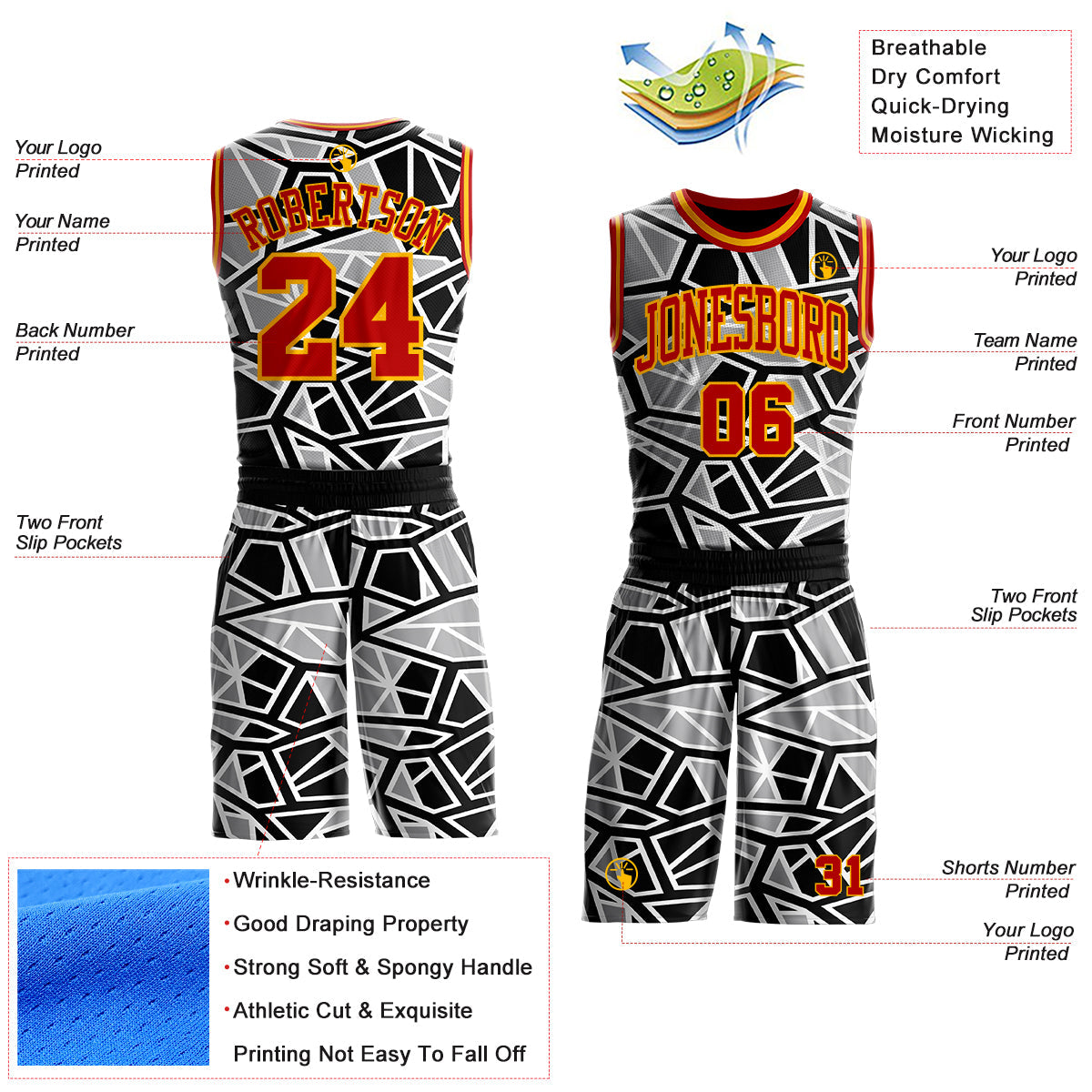 Custom Black Red Gray-Gold Abstract Geometric Shards Round Neck Sublimation Basketball Uniform Jersey view 2