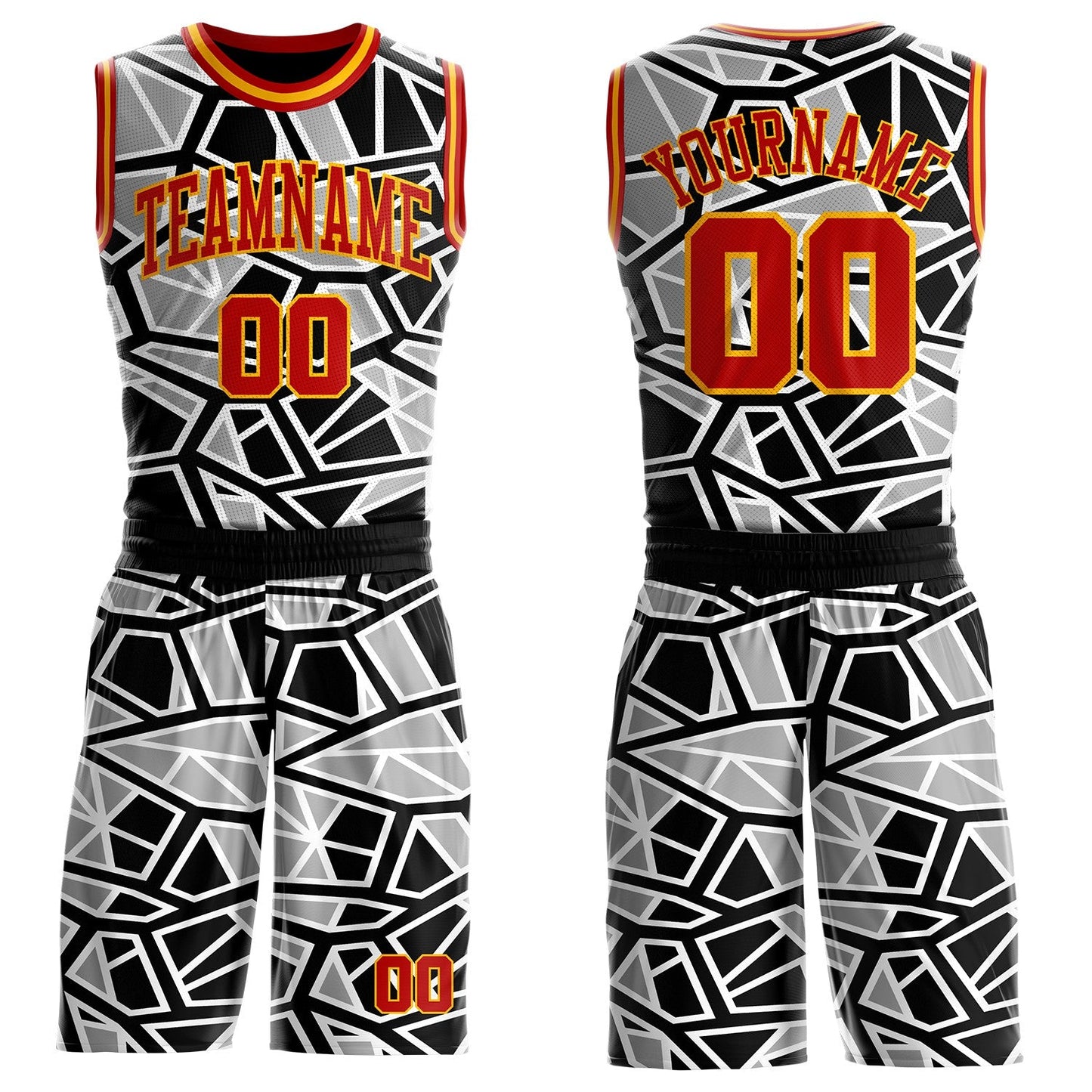 Custom Black Red Gray-Gold Abstract Geometric Shards Round Neck Sublimation Basketball Uniform Jersey - Main View