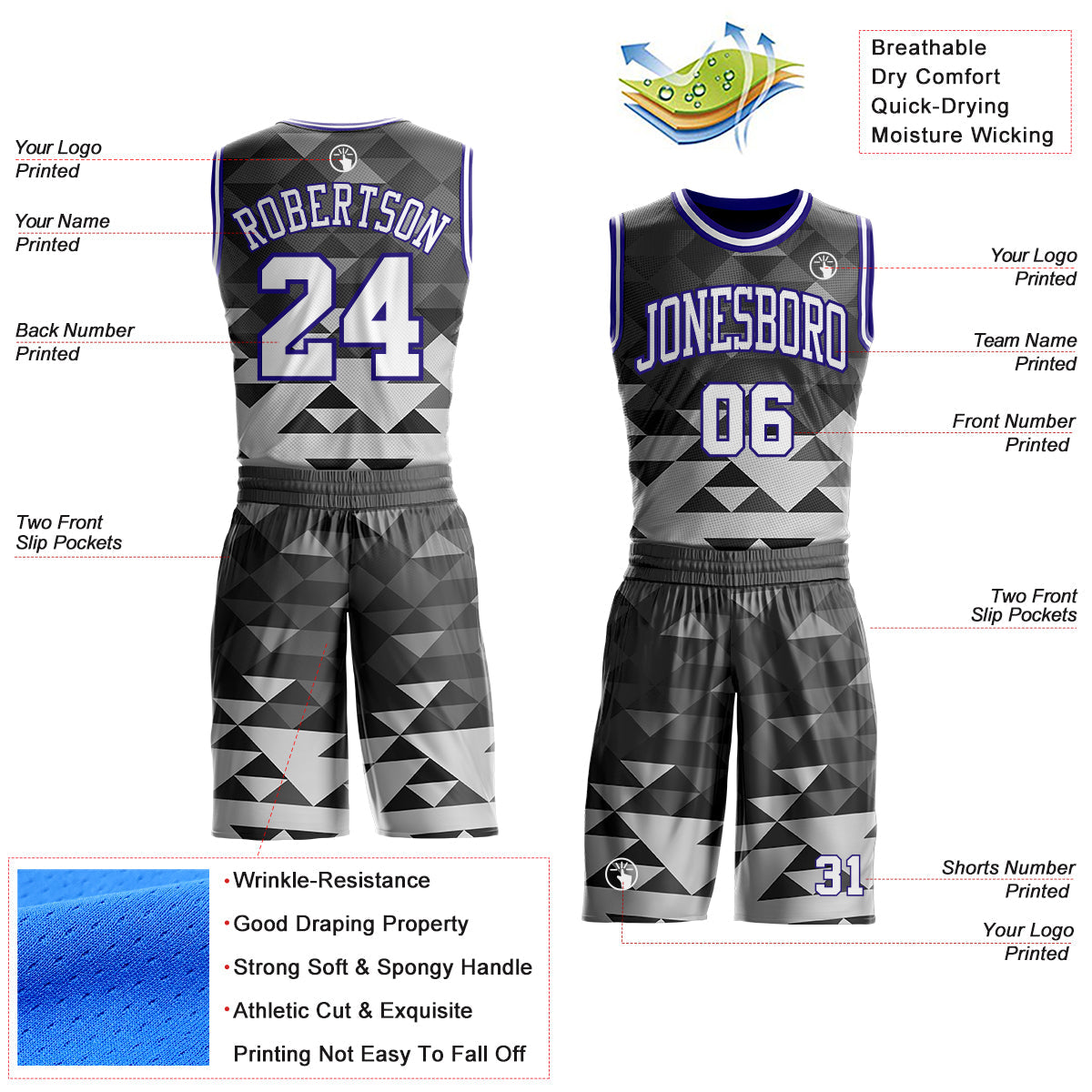 Custom Gray White-Dark Purple Geometric Triangle Round Neck Sublimation Basketball Uniform Jersey view 2