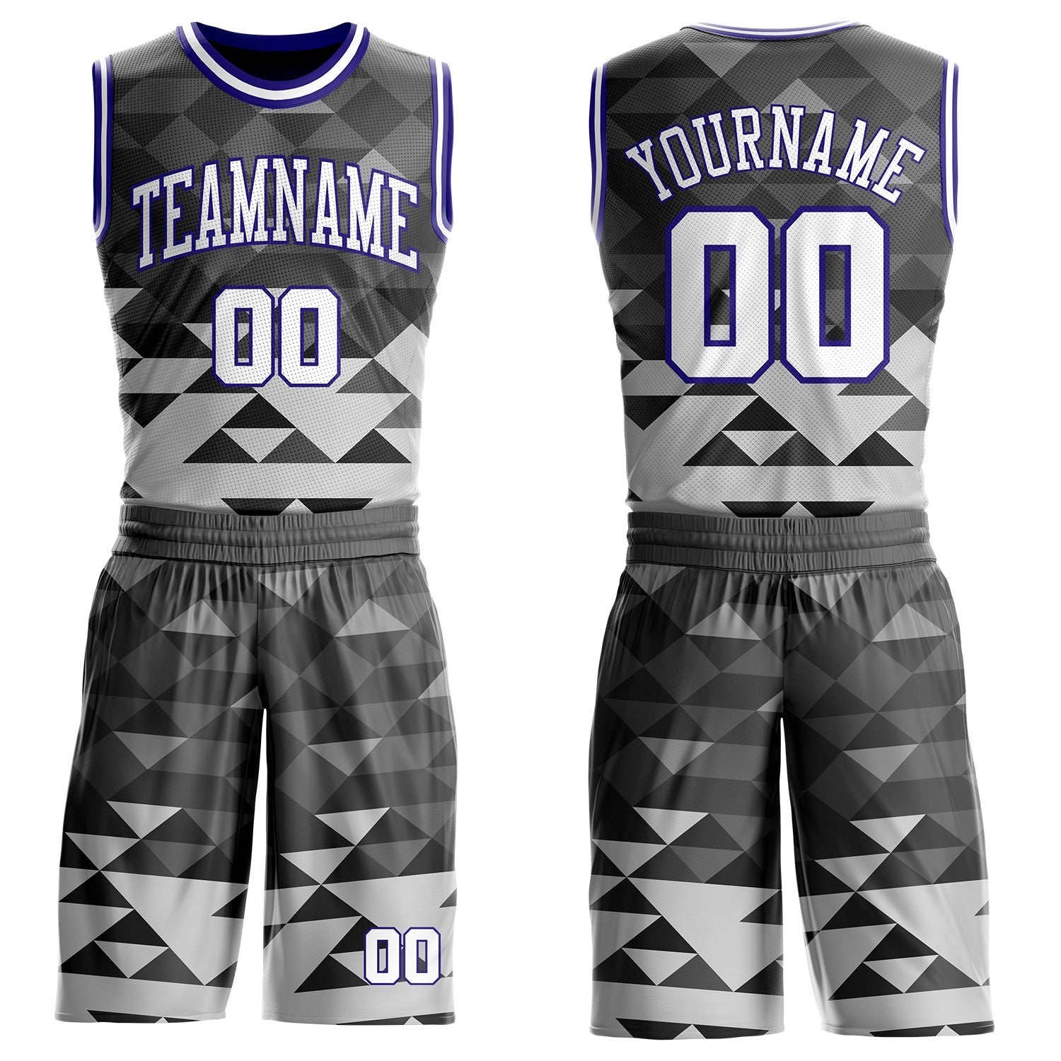 Custom Gray White-Dark Purple Geometric Triangle Round Neck Sublimation Basketball Uniform Jersey - Main View