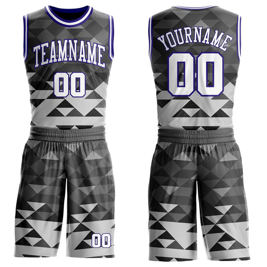Custom Gray White-Dark Purple Geometric Triangle Round Neck Sublimation Basketball Uniform Jersey - Main View