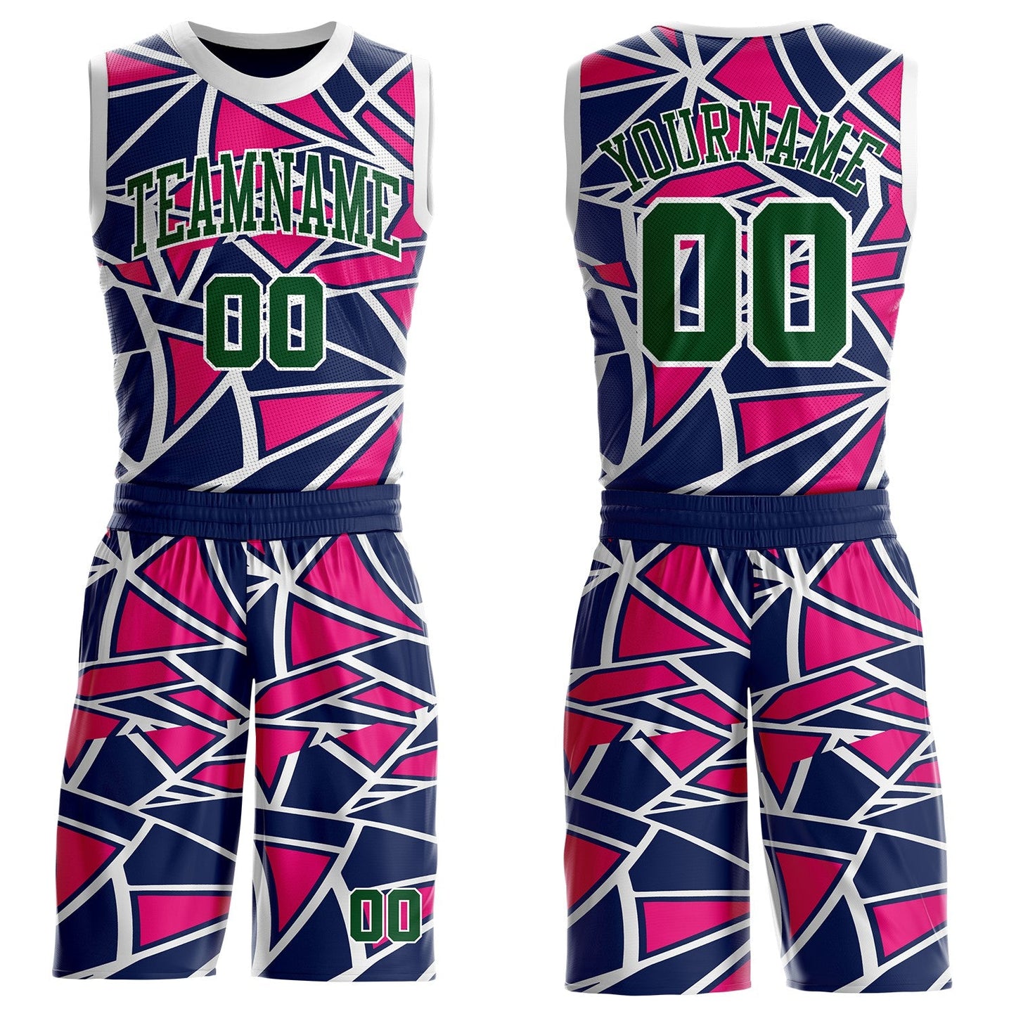Custom Navy Green Hot Pink-White Abstract Geometric Shards Round Neck Sublimation Basketball Uniform Jersey - Main View