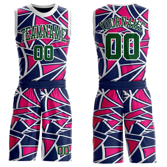 Custom Navy Green Hot Pink-White Abstract Geometric Shards Round Neck Sublimation Basketball Uniform Jersey - Main View
