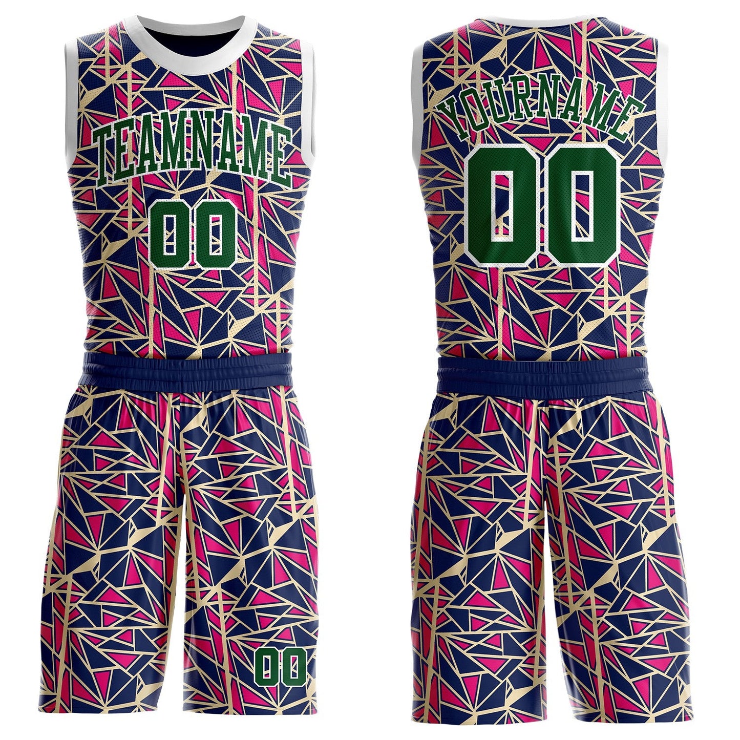 Custom Blue Green Hot Pink-White Abstract Geometric Shards Round Neck Sublimation Basketball Uniform Jersey - Main View
