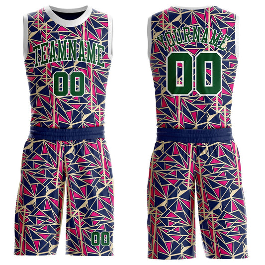 Custom Blue Green Hot Pink-White Abstract Geometric Shards Round Neck Sublimation Basketball Uniform Jersey - Main View