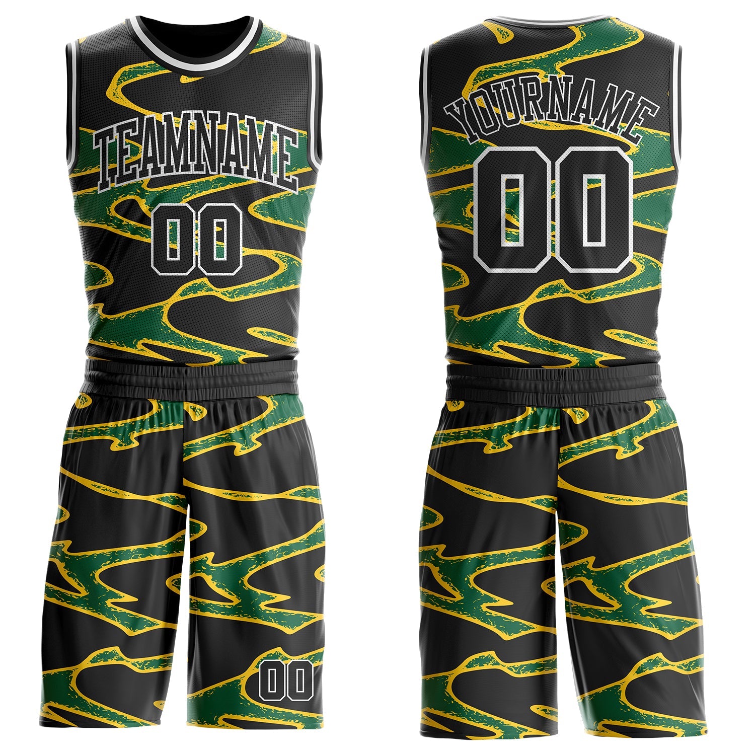 Custom Black Green Yellow-White Abstract Liquid Round Neck Sublimation Basketball Uniform Jersey - Main View