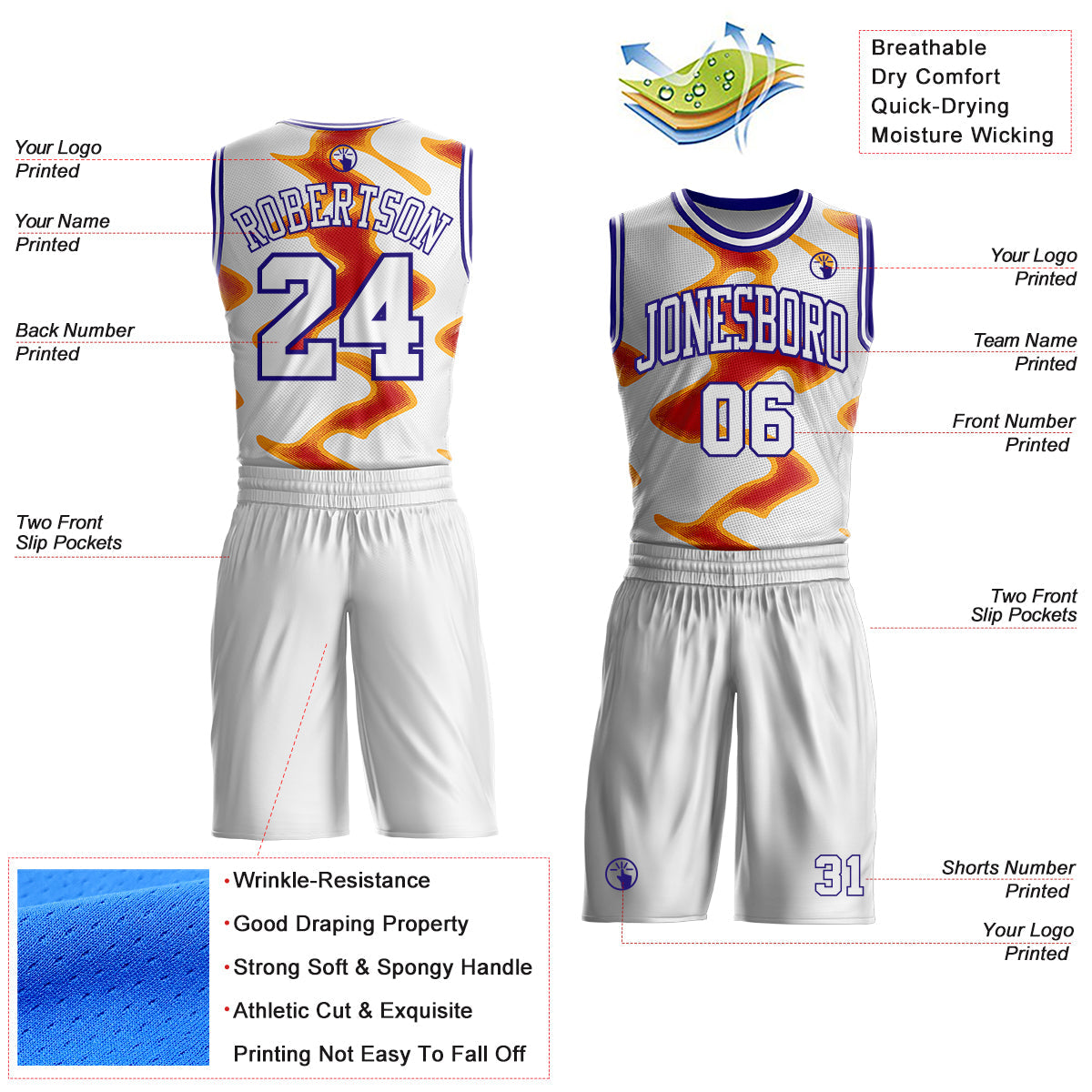 Custom White Red Yellow-Dark Purple Abstract Geometric Round Neck Sublimation Basketball Uniform Jersey view 2