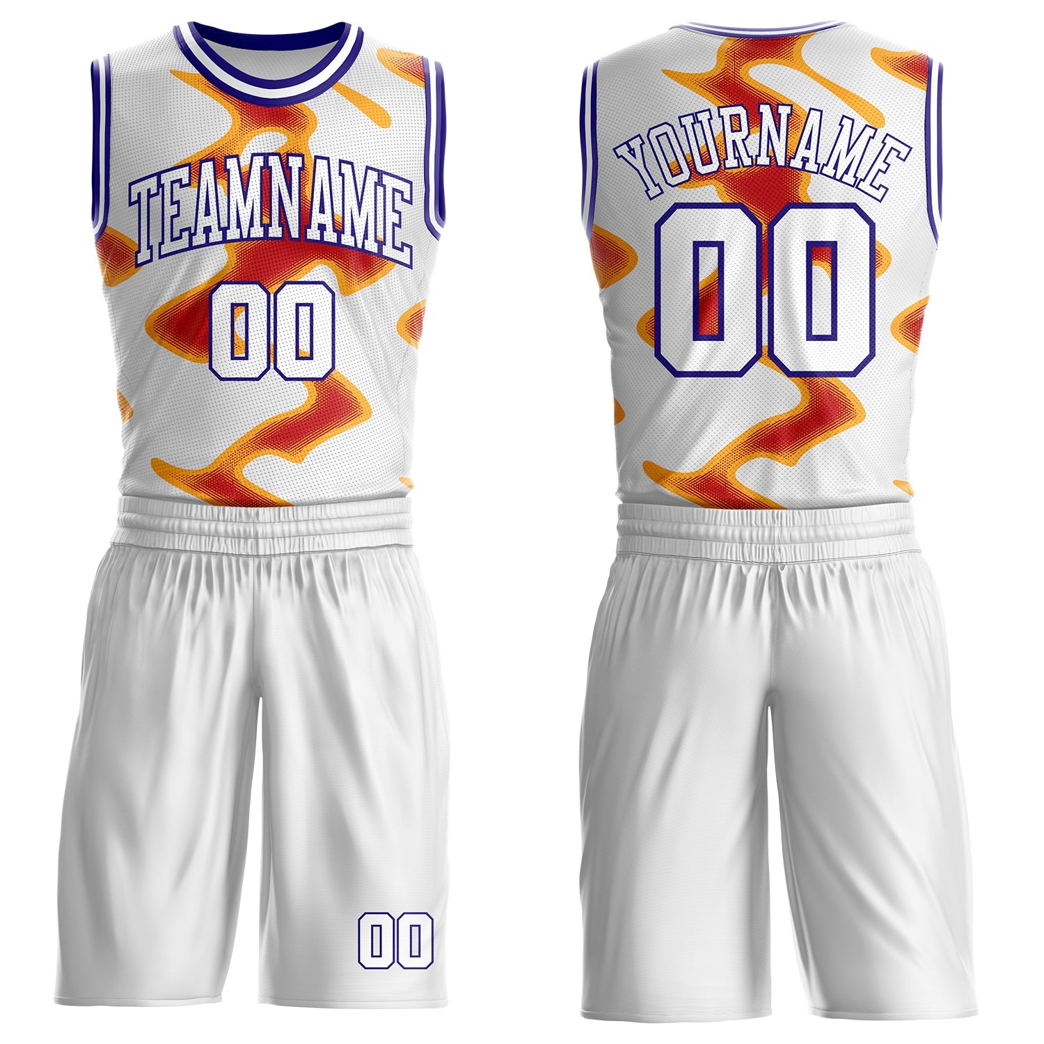 Custom White Red Yellow-Dark Purple Abstract Geometric Round Neck Sublimation Basketball Uniform Jersey - Main View