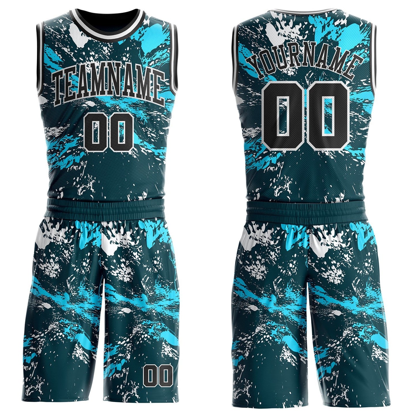 Custom Green Black Lakes Blue-White Paint Splatter Round Neck Sublimation Basketball Uniform Jersey - Main View
