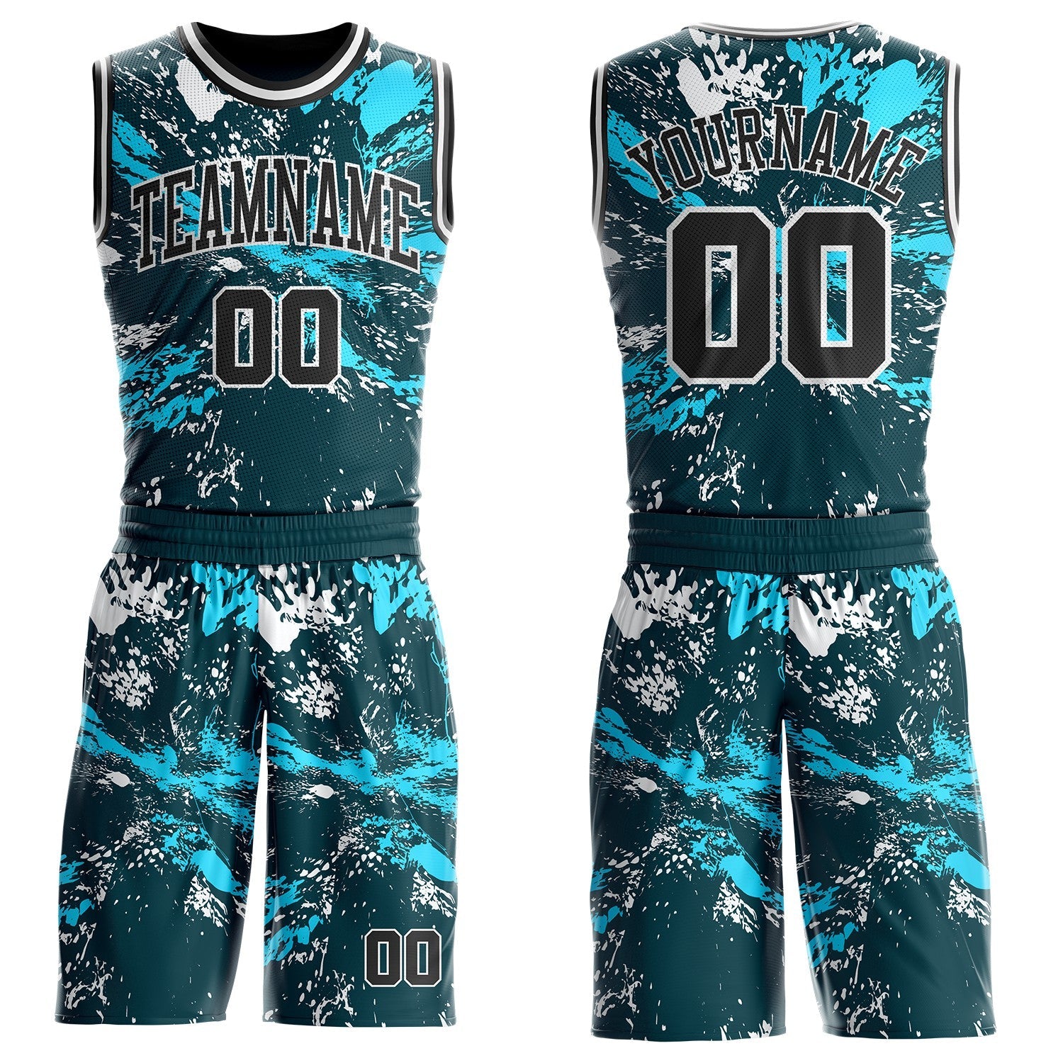 Custom Green Black Lakes Blue-White Paint Splatter Round Neck Sublimation Basketball Uniform Jersey - Main View