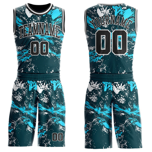 Custom Green Black Lakes Blue-White Paint Splatter Round Neck Sublimation Basketball Uniform Jersey - Main View