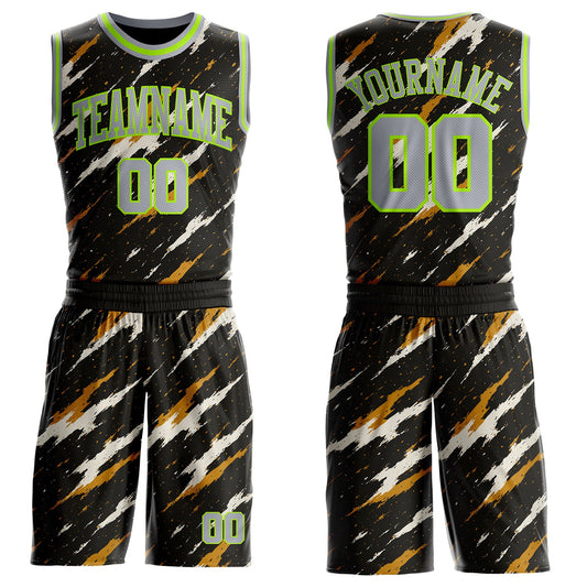 Custom Black Gray Yellow-Neon Green Brush Stroke Abstract Round Neck Sublimation Basketball Uniform Jersey - Main View