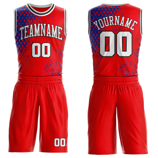 Custom Red White Royal-Black Abstract Geometric Round Neck Sublimation Basketball Uniform Jersey - Main View