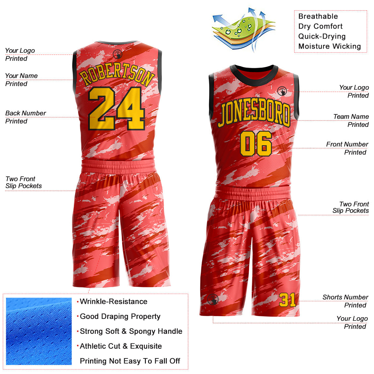 Custom Pink Yellow Red-Black Brush Stroke Abstract Round Neck Sublimation Basketball Uniform Jersey view 2