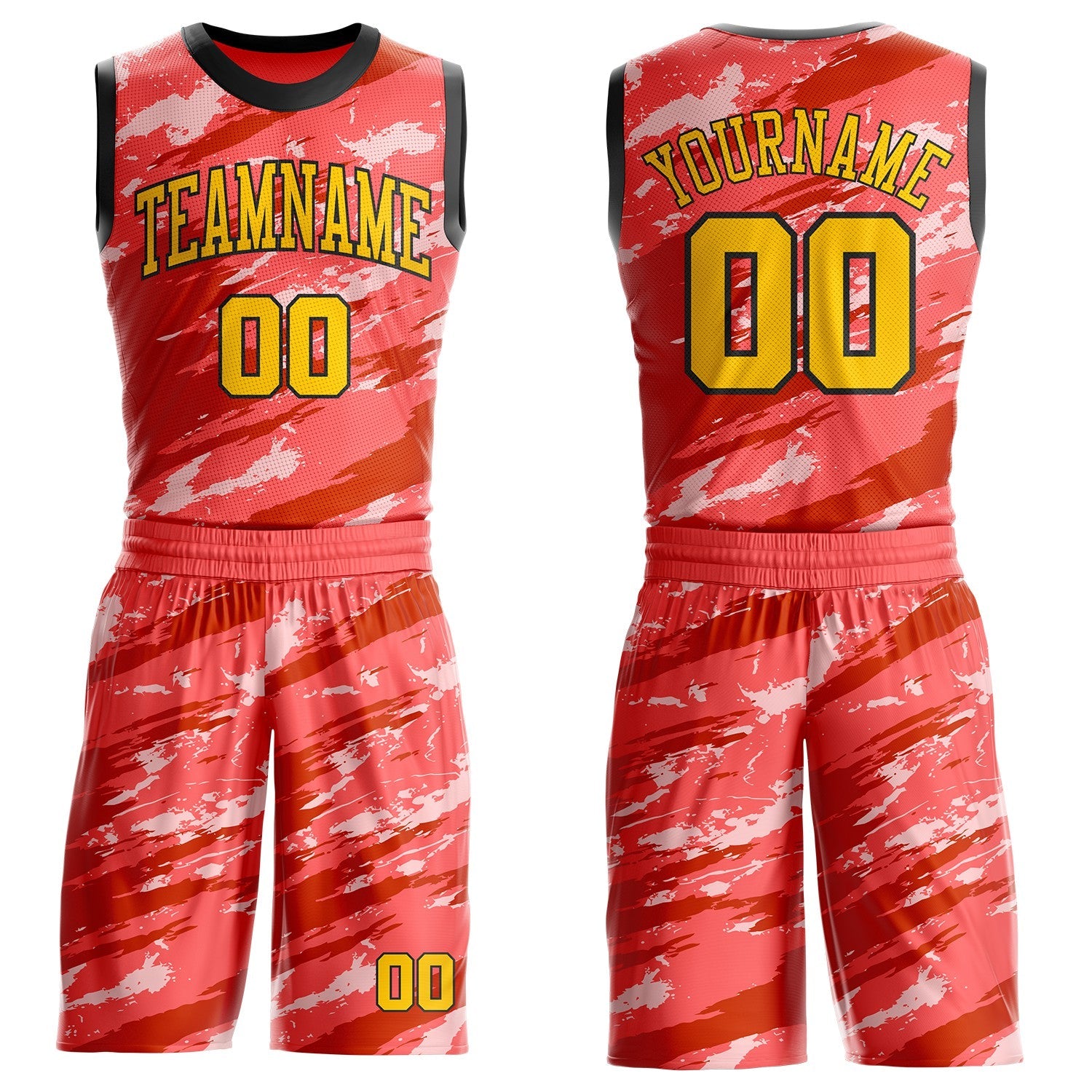 Custom Pink Yellow Red-Black Brush Stroke Abstract Round Neck Sublimation Basketball Uniform Jersey - Main View