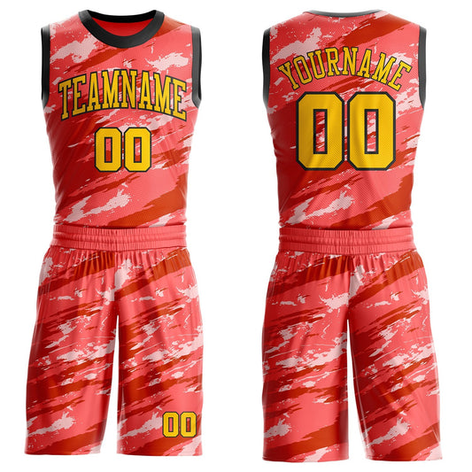 Custom Pink Yellow Red-Black Brush Stroke Abstract Round Neck Sublimation Basketball Uniform Jersey - Main View