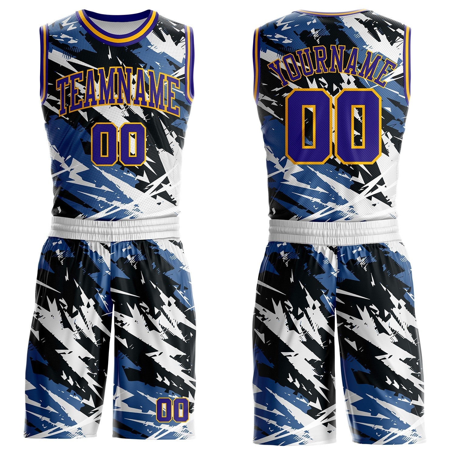 Custom Blue Dark Purple Black-Gold Brush Stroke Abstract Round Neck Sublimation Basketball Uniform Jersey - Main View