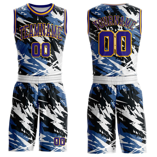 Custom Blue Dark Purple Black-Gold Brush Stroke Abstract Round Neck Sublimation Basketball Uniform Jersey - Main View