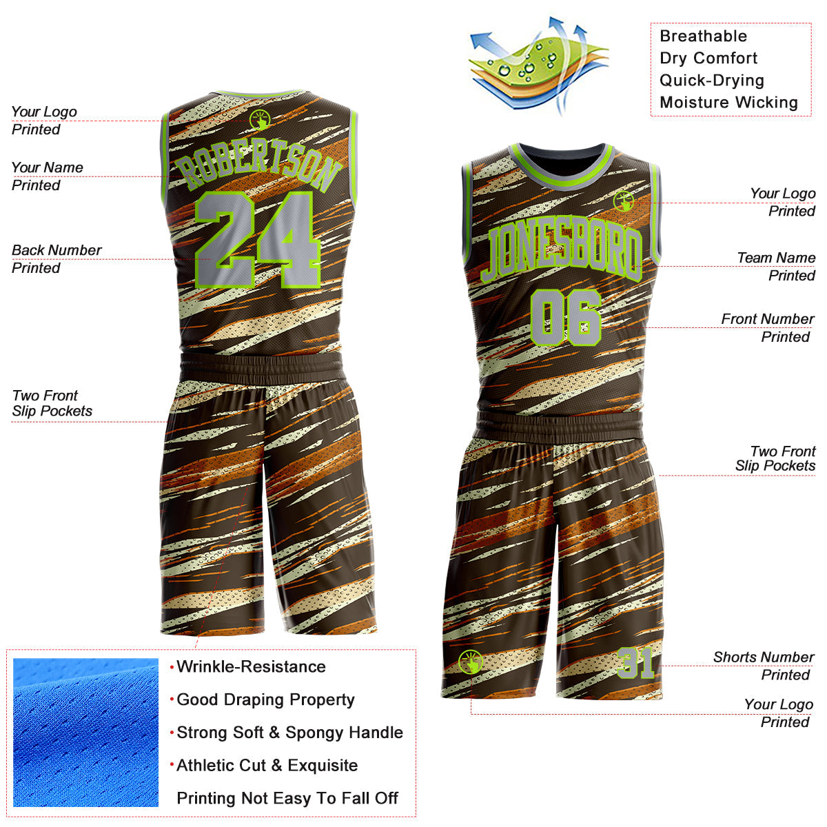 Custom Brown Gray Cream-Neon Green Brush Stroke Abstract Round Neck Sublimation Basketball Uniform Jersey view 2