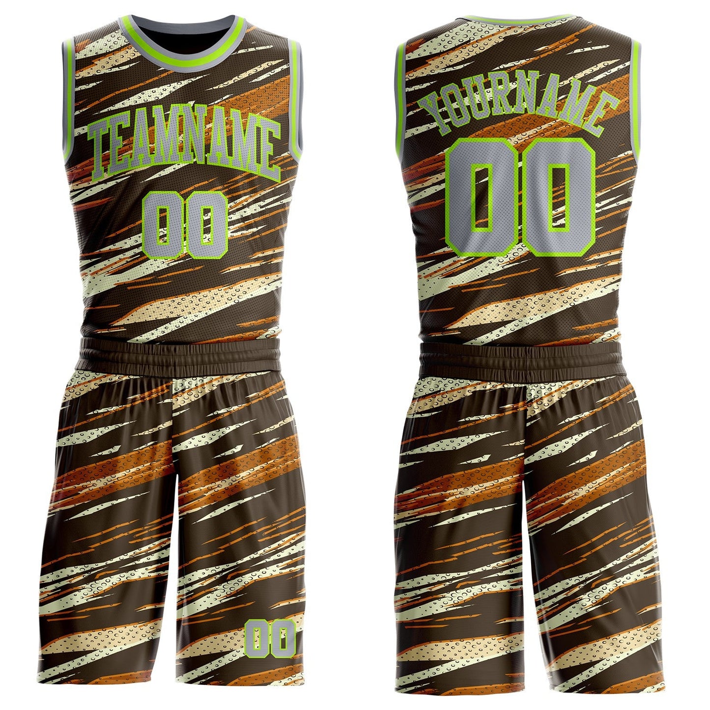 Custom Brown Gray Cream-Neon Green Brush Stroke Abstract Round Neck Sublimation Basketball Uniform Jersey - Main View