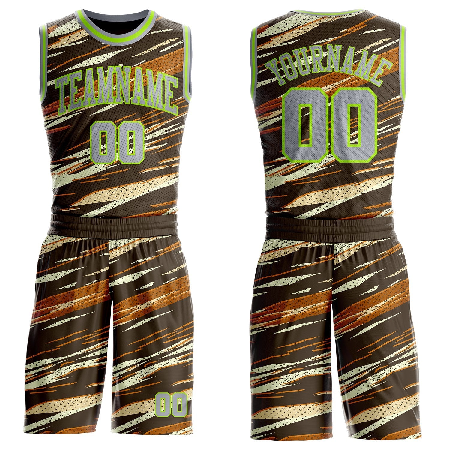 Custom Brown Gray Cream-Neon Green Brush Stroke Abstract Round Neck Sublimation Basketball Uniform Jersey - Main View