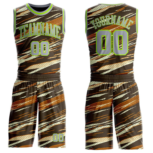 Custom Brown Gray Cream-Neon Green Brush Stroke Abstract Round Neck Sublimation Basketball Uniform Jersey - Main View