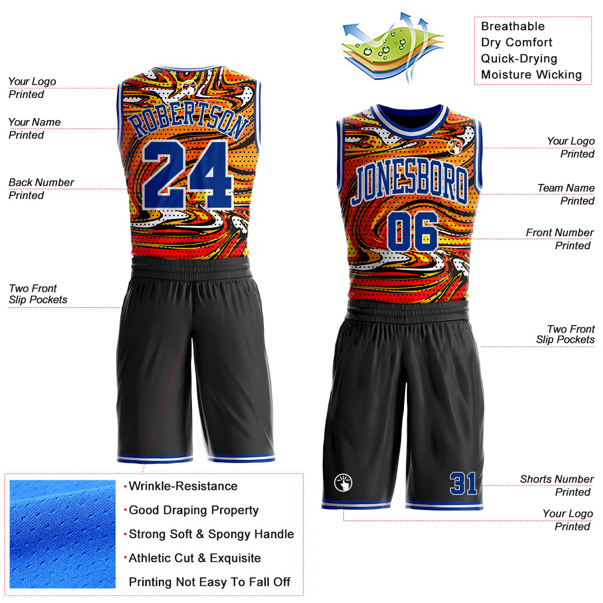 Custom Black Royal-White Irregular Fire Flames Round Neck Sublimation Basketball Uniform Jersey view 2
