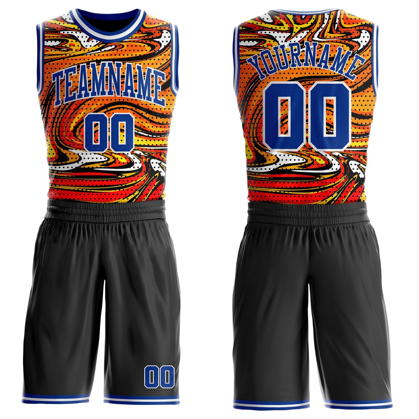 Custom Black Royal-White Irregular Fire Flames Round Neck Sublimation Basketball Uniform Jersey - Main View