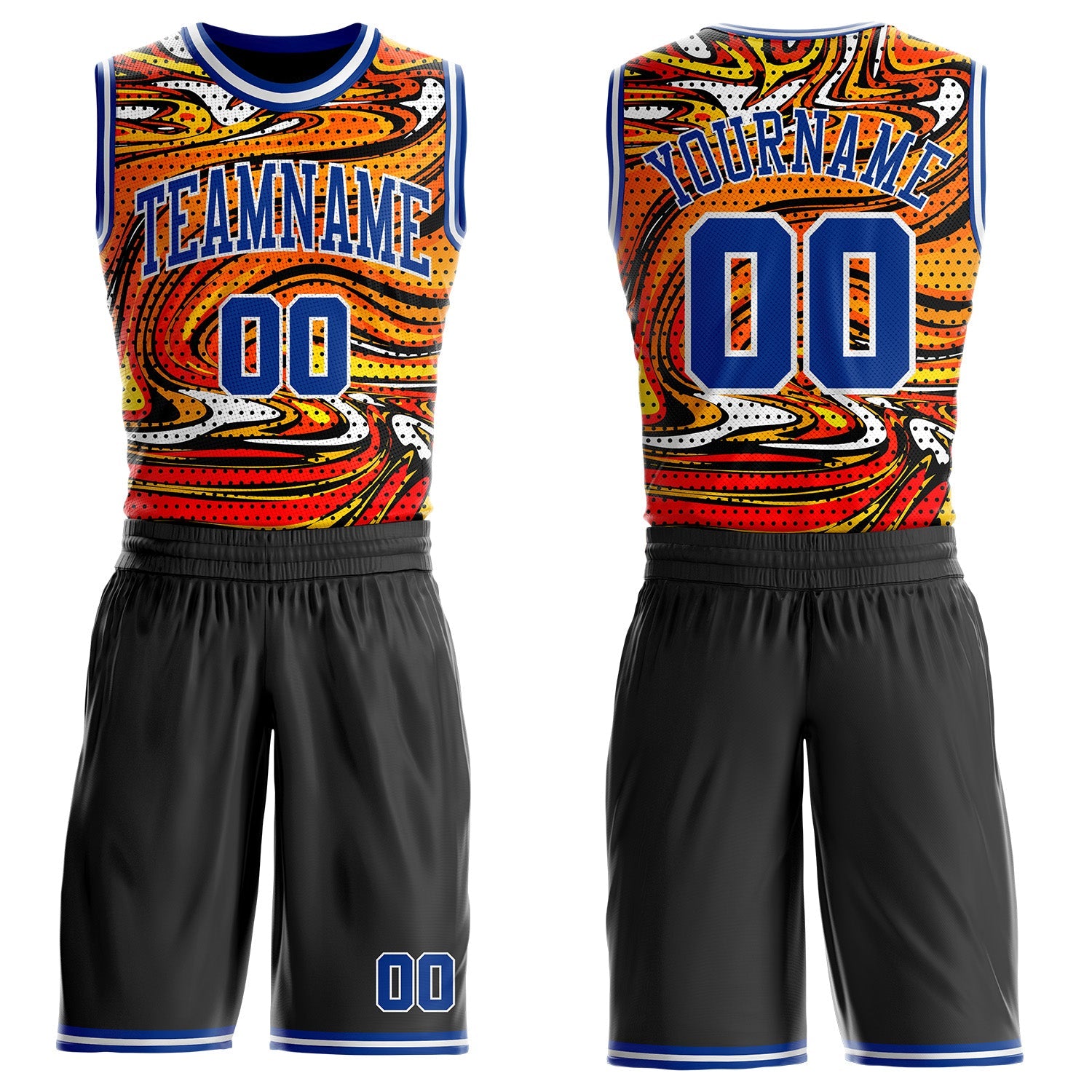 Custom Black Royal-White Irregular Fire Flames Round Neck Sublimation Basketball Uniform Jersey - Main View