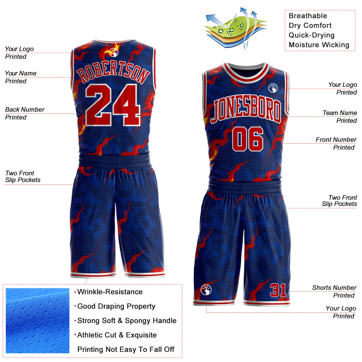Custom Navy Red-White Irregular Fire Flames Round Neck Sublimation Basketball Uniform Jersey view 2