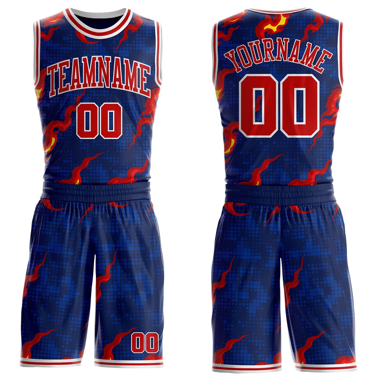 Custom Navy Red-White Irregular Fire Flames Round Neck Sublimation Basketball Uniform Jersey - Main View