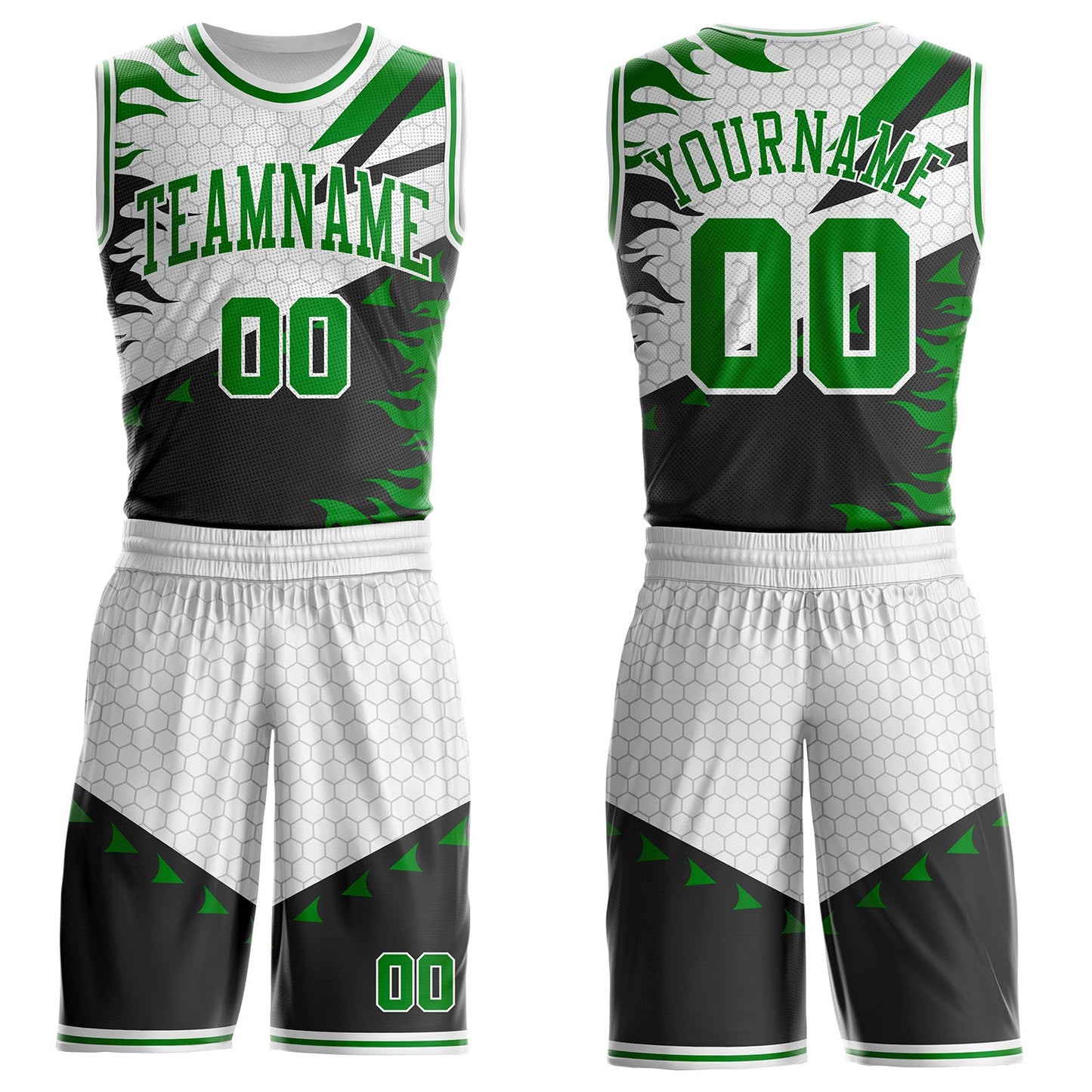 Custom White Grass Green-Black Irregular Fire Flames Round Neck Sublimation Basketball Uniform Jersey - Main View