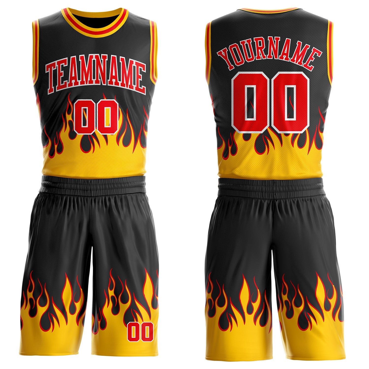 Custom Black Fire Red White-Yellow Blazing Flames Round Neck Sublimation Basketball Uniform Jersey - Main View