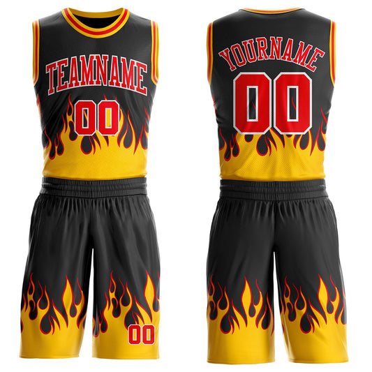 Custom Black Fire Red White-Yellow Blazing Flames Round Neck Sublimation Basketball Uniform Jersey - Main View