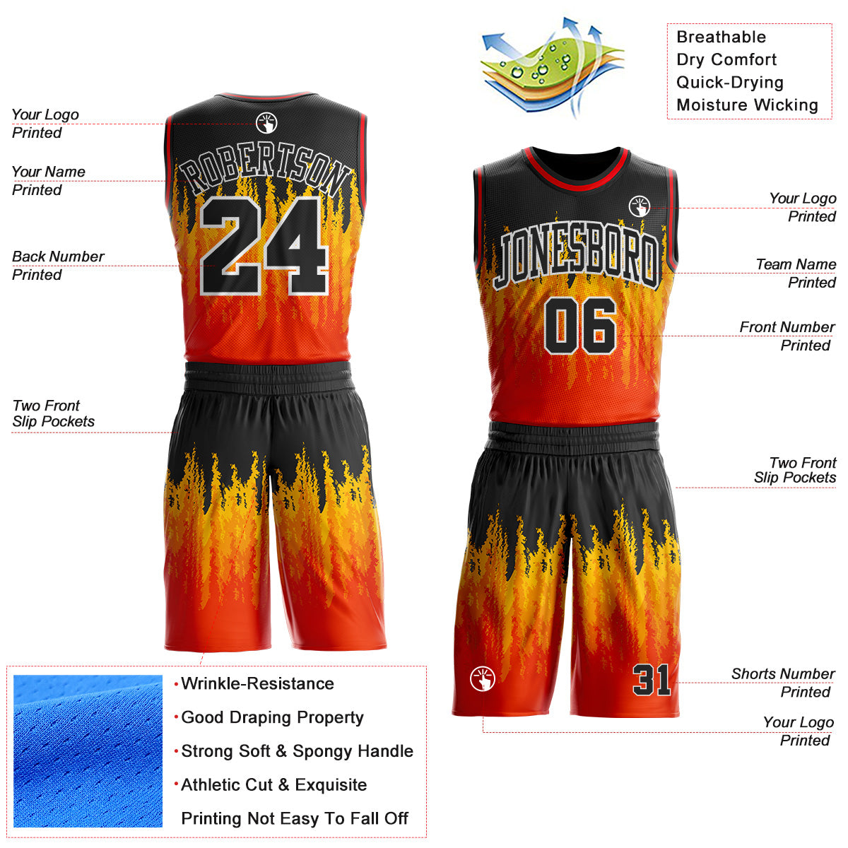 Custom Black Yellow White-Fire Red Blazing Flames Round Neck Sublimation Basketball Uniform Jersey view 2