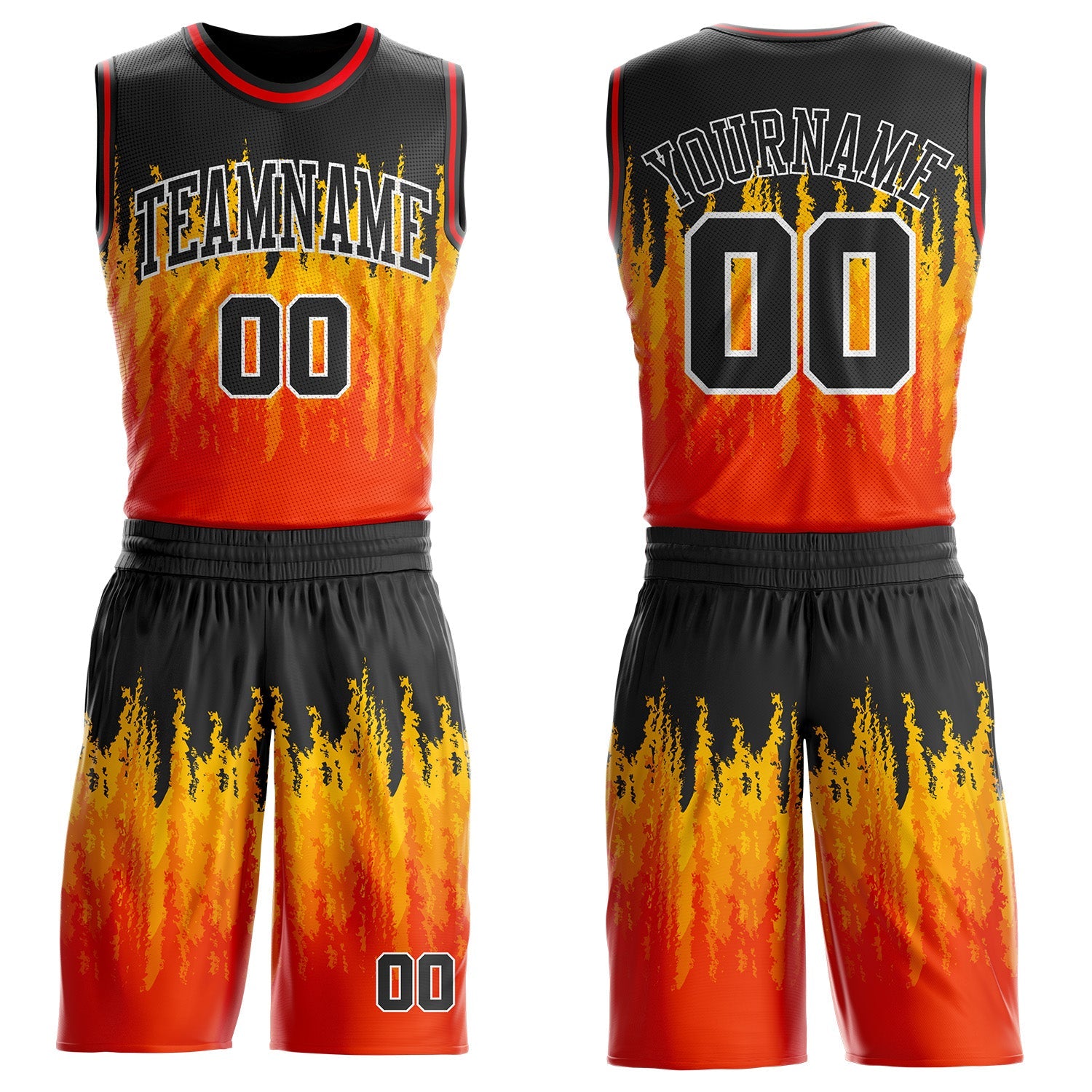 Custom Black Yellow White-Fire Red Blazing Flames Round Neck Sublimation Basketball Uniform Jersey - Main View