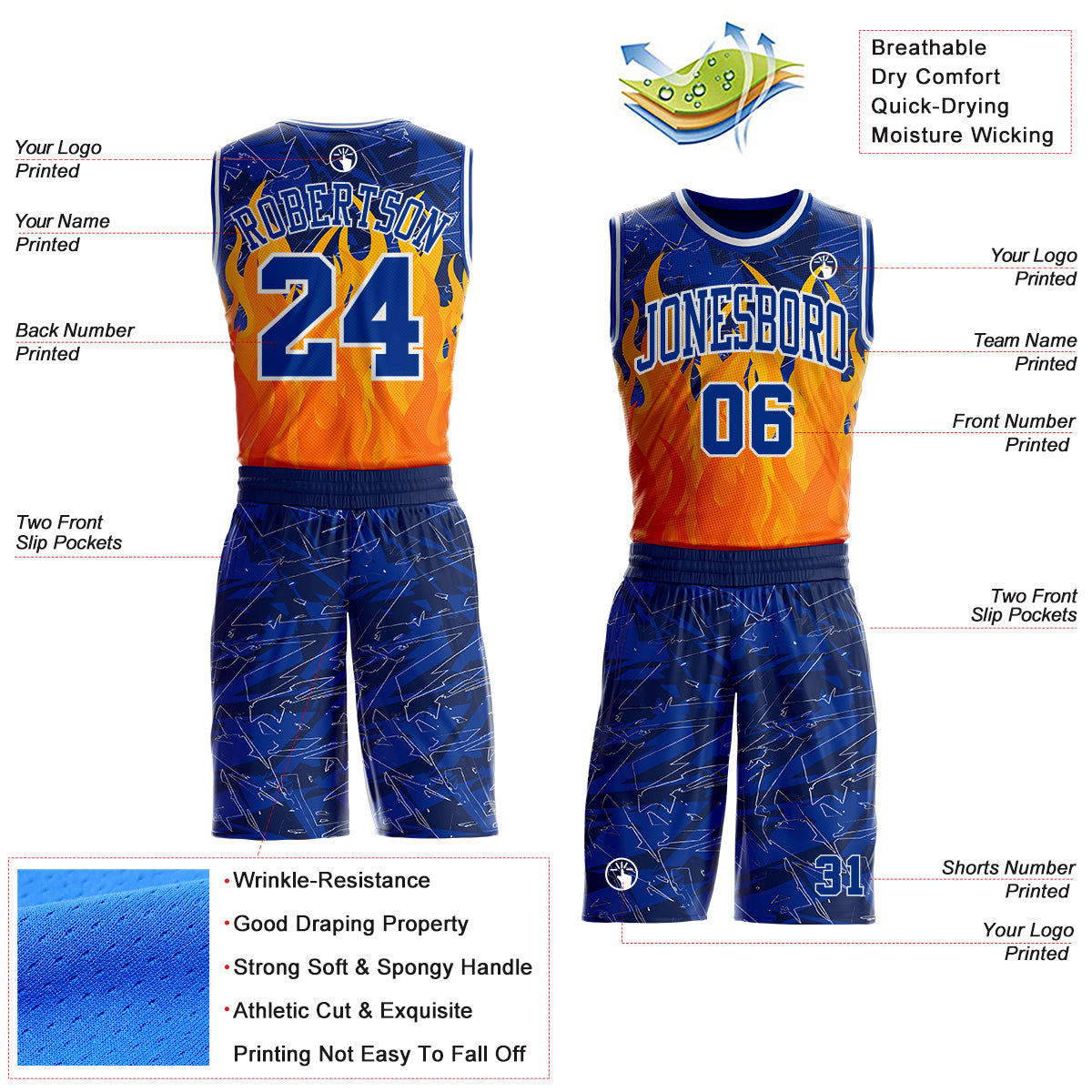 Custom Blue Royal Yellow-White Blazing Flames Round Neck Sublimation Basketball Uniform Jersey view 2