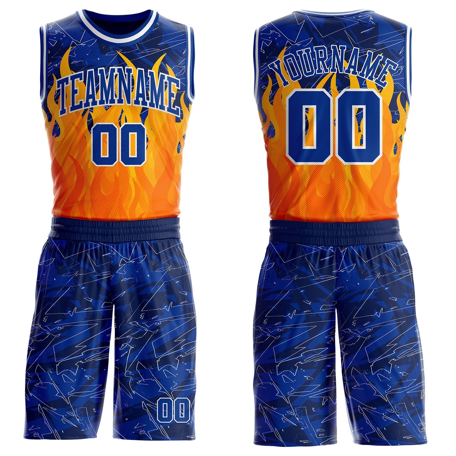 Custom Blue Royal Yellow-White Blazing Flames Round Neck Sublimation Basketball Uniform Jersey - Main View